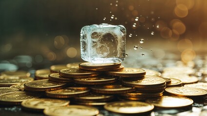 Poster - Ice cube on a pile of coins with shimmering water droplets during sunset