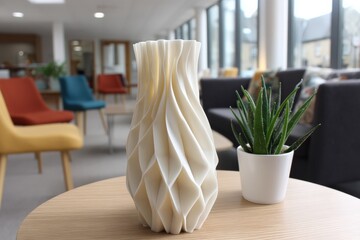 Poster - Unique white vase in modern interior setting with green plant on wooden table