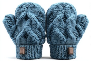 Poster - Hand-knitted teal mittens with a cable knit design displayed on a white background