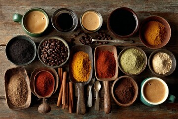 Poster - Colorful spices and coffee displayed on a rustic wooden table in a warm and inviting kitchen setting