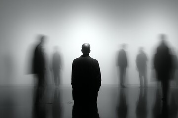 Poster - People interacting in a gallery space with blurred figures during an art exhibit in a modern setting