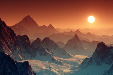 Poster - Majestic sunrise over a rugged mountain range with snow-capped peaks in a tranquil landscape