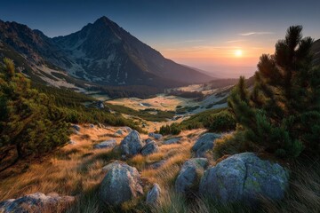 Poster - Majestic mountain sunset over a serene valley with rocky foreground and lush greenery
