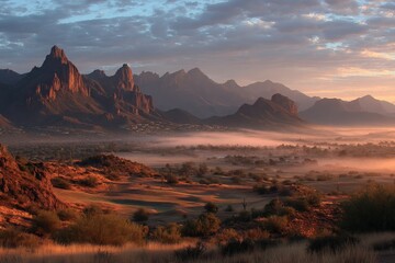Aufkleber - Stunning view of a desert valley at sunrise with majestic mountains and mist in the air