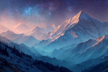 Poster - Stunning mountain landscape under a starry sky at twilight with vibrant colors and majestic peaks