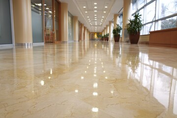 Leinwandbilder - Gleaming marble floor in a spacious indoor corridor with natural light flooding through large windows