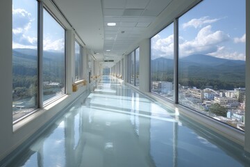 Poster - Modern hall with large windows offers breathtaking mountain views during a sunny day