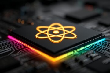 Fototapete - Electronic circuit board with a glowing atomic symbol in vibrant colors showcasing modern technology