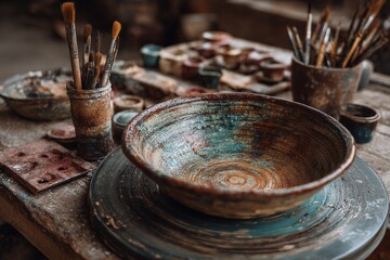 Poster - Ceramic artist's workspace with tools and freshly crafted bowl at a pottery studio