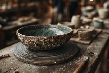 Aufkleber - Crafting unique pottery in a rustic studio setting with clay and tools during the day