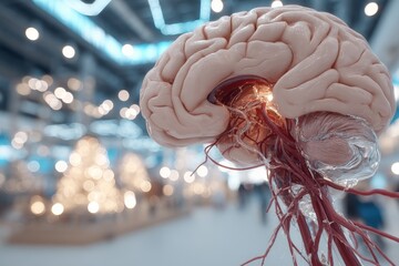 Poster - Model of a human brain displaying neural connections in a modern exhibition space during a science and technology event