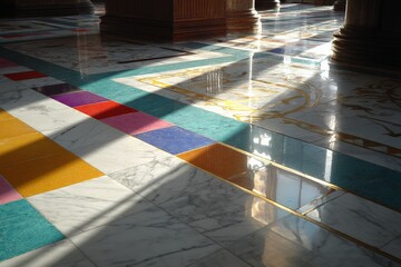 Poster - Bright reflections on a colorful marble floor in an elegant building