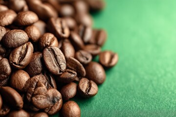 Poster - Rich brown coffee beans scattered on green surface showcasing their texture and quality