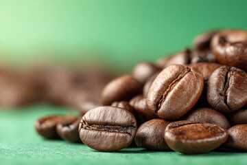 Aufkleber - Rich roasted coffee beans scattered on a green surface in a bright light during the morning