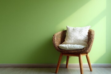 Poster - Cozy wicker chair with decorative pillow set against vibrant green wall in bright sunlight