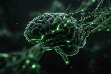 Aufkleber - Inspiring visualization of a brain with neural connections in a dark setting illuminated by glowing green accents