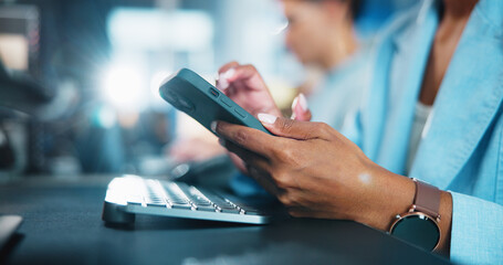 Aufkleber - Office, hands and scroll with smartphone for chat, digital conversation and connection for contact. Flare, business person and worker on break with mobile, app and social media for typing in closeup
