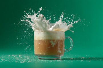 Poster - Splashing milk creates dynamic moment in clear glass mug against vibrant green background