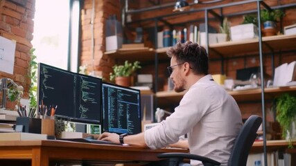 Poster - Modern Programmer at Work: A focused programmer, engrossed in his code on a dual-monitor setup within a trendy, modern office, showcases the essence of contemporary technology.