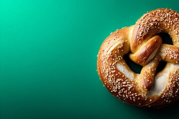 Poster - Freshly baked sesame pretzel on a vibrant green surface ready to be enjoyed