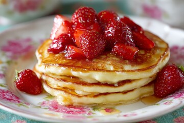 Aufkleber - Delicious stack of fluffy pancakes topped with fresh strawberries and syrup served on a floral plate
