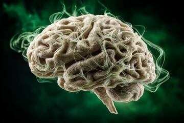 Poster - Intricate depiction of a brain surrounded by ethereal smoke against a dark green backdrop