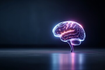Fototapete - Vibrant neon brain illuminated in dark space, symbolizing creativity and intelligence in an artistic representation