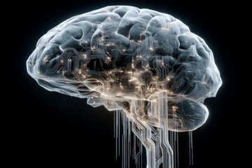 Aufkleber - Artificial intelligence concept depicting a human brain with intricate circuits glowing in a dark setting