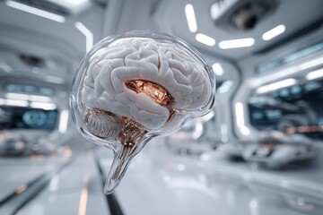 Aufkleber - Floating transparent brain with copper details in a futuristic laboratory setting reflecting advanced technology