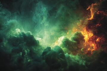 Aufkleber - Colorful cosmic clouds swirling with green and orange hues in a vibrant celestial atmosphere
