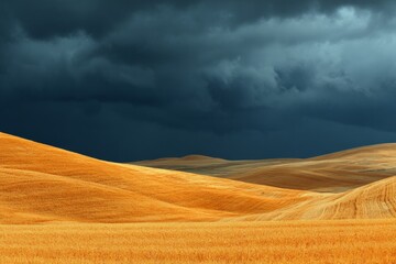 Poster - Dramatic landscape of golden hills under dark stormy clouds during late afternoon