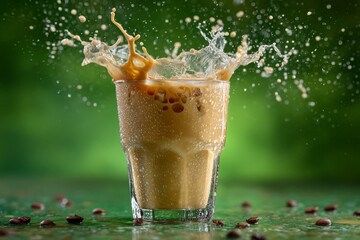 Poster - Refreshing iced coffee drink splashes in a clear glass surrounded by coffee beans and a green background
