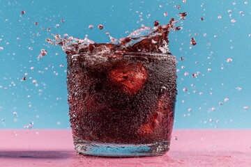 Poster - Bubbly drink splashes vibrantly against a blue background with strawberries in glass