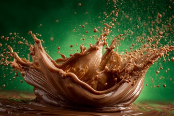 Leinwandbilder - Chocolate splash captures motion and texture in a vivid green backdrop during artistic dessert photography