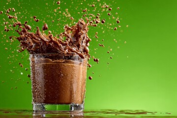 Aufkleber - Chocolate drink splashes in glass with vibrant green background during exciting moment