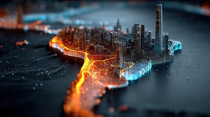 Poster - Futuristic Digital Map with Glowing Orange and Blue Capacities – Stylized Circuit Board Geography Rendering, 32k Resolution