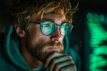 Fototapete - Young man focused on coding in a dimly lit room while wearing glasses and a hoodie