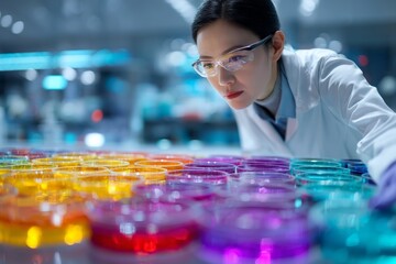 Aufkleber - Scientist analyzes vibrant petri dishes in a modern laboratory setting during the day