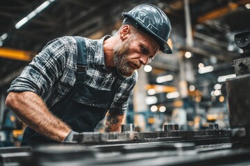 Leinwandbilder - Skilled worker focusing intently on machinery in a busy factory environment during daylight hours