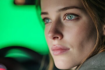 Poster - Close-up of a woman with striking green eyes in a dark interior illuminated by vibrant green light