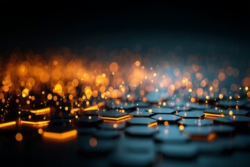 Aufkleber - Mesmerizing orange particles illuminate a dark abstract background filled with hexagonal shapes