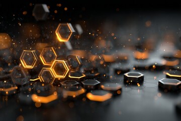 Aufkleber - Digital hexagonal structures glow with orange light on a dark surface creating a futuristic atmosphere in a virtual environment