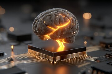 Aufkleber - Concept of artificial intelligence represented by a glowing brain over a circuit board at night