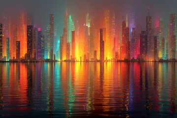 Poster - Vibrant waterfront city skyline illuminated by colorful lights during twilight