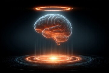 Poster - Digital representation of a glowing brain floating above a futuristic circular platform in a dark environment