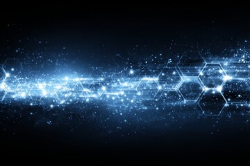 Fototapete - Digital abstract graphic showcasing glowing blue hexagons and sparkling lights on a dark background