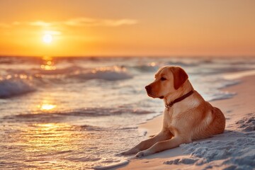 Aufkleber - Golden retriever relaxes on sandy beach as sunset casts warm glow over the waves