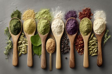 Poster - Colorful array of spices and powders arranged on wooden spoons, showcasing variety of flavors and culinary uses at midday