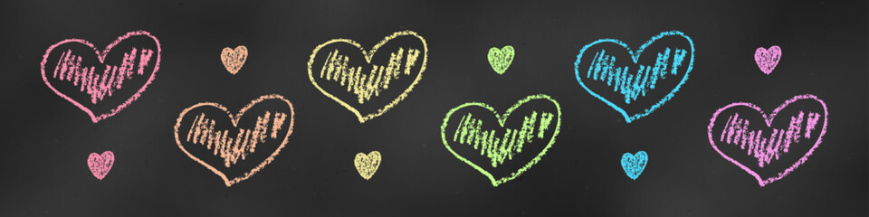 Wall Mural - Children's Chalk Drawn Sketch. Set of Design Elements Colored Hearts Isolated on Chalkboard Backdrop.