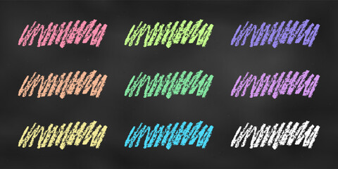 Wall Mural - Realistic Chalk Drawn Sketch. Set of Design Elements Colorful Scribbles Isolated on Chalkboard Backdrop.